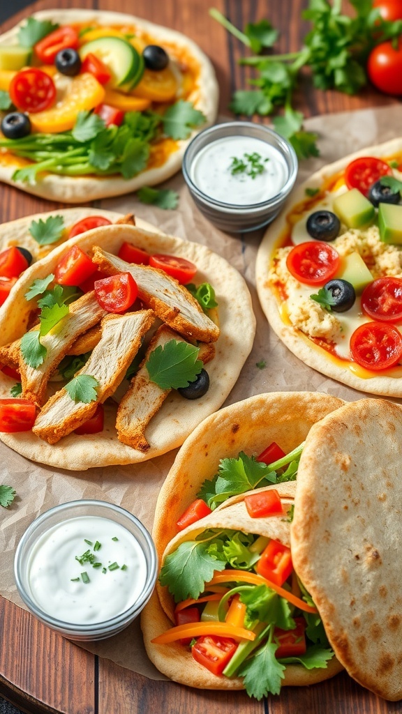Quick and Easy Pita Bread Meals A variety of pita bread meals including stuffed pita, pita pizza, and pita wrap on a wooden table.
